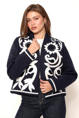 Жіночий жакет з вишивкою «Соняхи» темно-синій