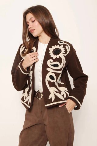 Жіночий жакет з вишивкою «Соняхи» коричневий