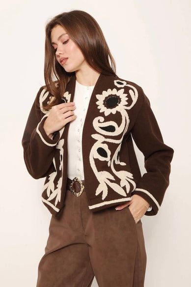 Жіночий жакет з вишивкою «Соняхи» коричневий