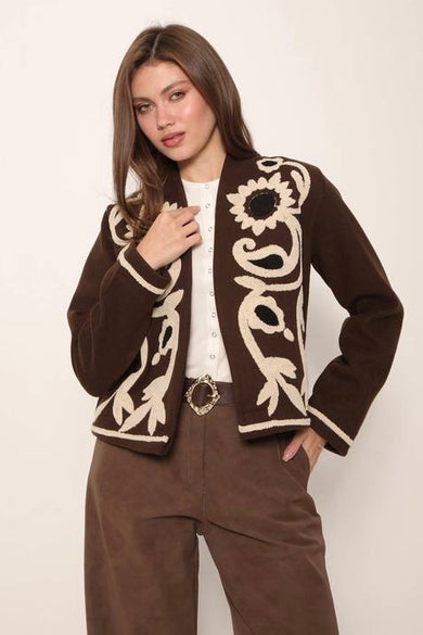 Жіночий жакет з вишивкою «Соняхи» коричневий