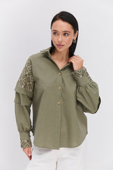 Жіноча сорочка-вишиванка хакі з геометричними візерунками