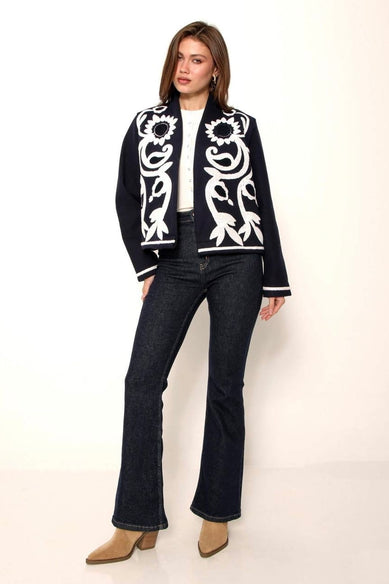 Жіночий жакет з вишивкою «Соняхи» темно-синій