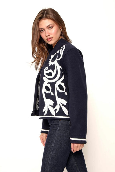 Жіночий жакет з вишивкою «Соняхи» темно-синій