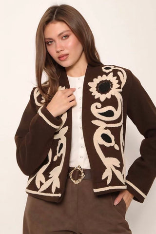 Жіночий жакет з вишивкою «Соняхи» коричневий
