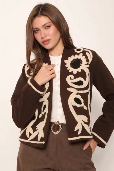 Жіночий жакет з вишивкою «Соняхи» коричневий